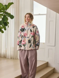 Crème gebloemd - Borg fleece met korte rits*Next Clearance