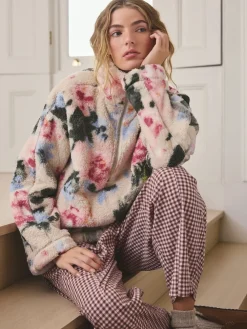 Crème gebloemd - Borg fleece met korte rits*Next Clearance