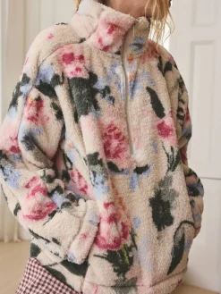 Crème gebloemd - Borg fleece met korte rits*Next Clearance