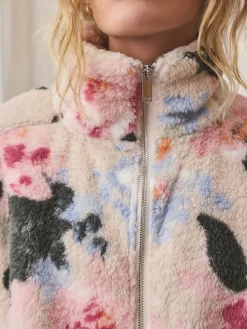 Crème gebloemd - Borg fleece met korte rits*Next Clearance