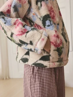 Crème gebloemd - Borg fleece met korte rits*Next Clearance