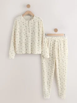 Crème gebloemd - Gezellige pyjama met wafeldessin en lange mouwen*Next Outlet