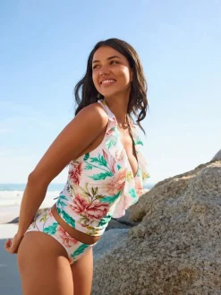 Crèmekleurige bloemenprint met hoogglans - Frill Halterneck Tummy Control Tankini Top*Next Sale