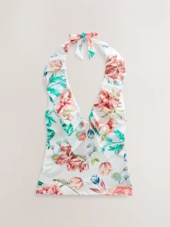 Crèmekleurige bloemenprint met hoogglans - Frill Halterneck Tummy Control Tankini Top*Next Sale
