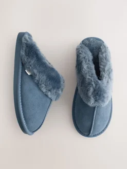 Denimblauw - Met imitatiebont gevoerde suède pantoffelmuiltjes*Next Hot