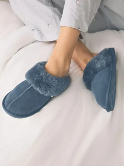 Denimblauw - Met imitatiebont gevoerde suède pantoffelmuiltjes*Next Hot