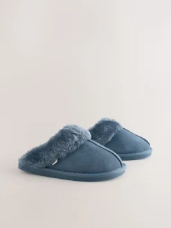 Denimblauw - Met imitatiebont gevoerde suède pantoffelmuiltjes*Next Hot