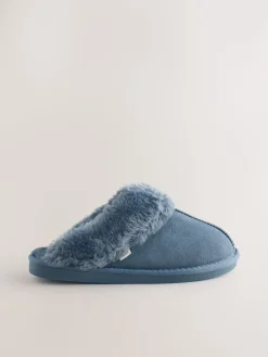 Denimblauw - Met imitatiebont gevoerde suède pantoffelmuiltjes*Next Hot