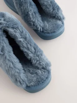 Denimblauw - Met imitatiebont gevoerde suède pantoffelmuiltjes*Next Hot