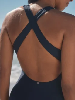 Donkerblauw - Badpak met hoge hals en traliewerk voor buikcorrectie*Next Online