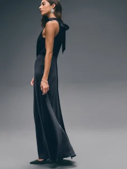 Donkerblauw - Satijnen halter mouwloze midi-jurk met textuur*Next Sale