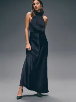 Donkerblauw - Satijnen halter mouwloze midi-jurk met textuur*Next Sale