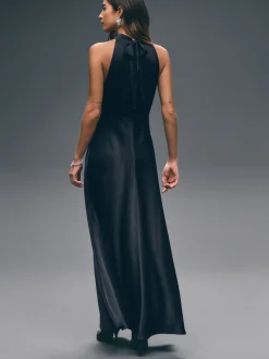 Donkerblauw - Satijnen halter mouwloze midi-jurk met textuur*Next Sale