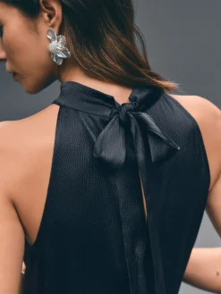 Donkerblauw - Satijnen halter mouwloze midi-jurk met textuur*Next Sale