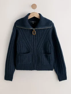 Donkerblauw - Stitchy Knitted Zip Up Collar Cardigan*Next Online