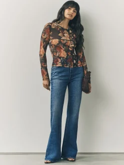 Donkerblauw - Stretch jeans met uitlopende pijpen en hoge taille*Next Outlet