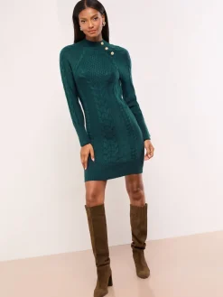 - Buttoned Roll Neck Cable Knit Cosy Mini Dress*Lipsy Online