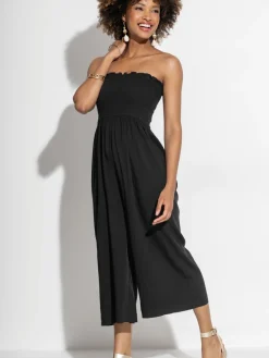 Donkerzwart - strandjumpsuit met halflange pijpen en aangrimpeld lijfje*Pour Moi Sale