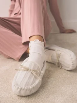 Ecru - Cable Knit Moccasin Slippers*Next Outlet