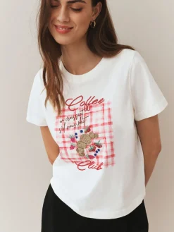 Ecru - Embellished Coffee Club Graphic Short Sleeve Top*Next