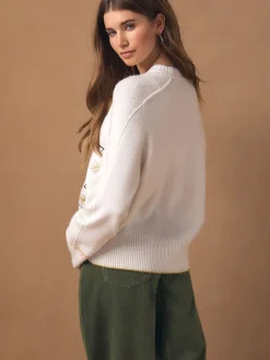 Ecru geborduurd - Gebreide trui met ronde hals van wol*Next Best