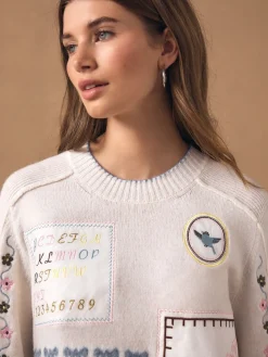 Ecru geborduurd - Gebreide trui met ronde hals van wol*Next Best