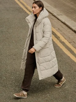 Ecru-crème - Regenbestendige gewatteerde lange jas met capuchon*Next Best