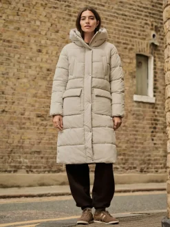 Ecru-crème - Regenbestendige gewatteerde lange jas met capuchon*Next Best