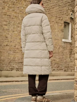 Ecru-crème - Regenbestendige gewatteerde lange jas met capuchon*Next Best