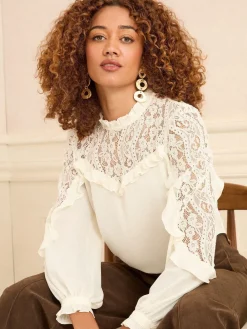 - Crew Neck Lace Yoke Long Sleeve Blouse*Love & Roses Discount