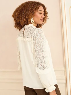 - Crew Neck Lace Yoke Long Sleeve Blouse*Love & Roses Discount