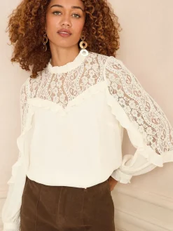 - Crew Neck Lace Yoke Long Sleeve Blouse*Love & Roses Discount
