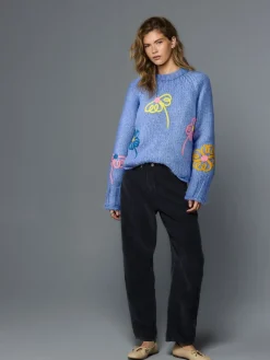 Felblauw met bloemenprint - Grofgebreide trui met ronde hals en wol*Next Online