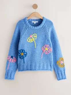Felblauw met bloemenprint - Grofgebreide trui met ronde hals en wol*Next Online