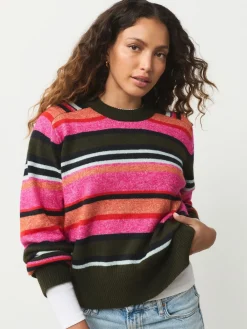 Felroze/kaki met meerkleurige strepen - Gebreide trui met ronde hals van wol*Next Online