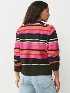 Felroze/kaki met meerkleurige strepen - Gebreide trui met ronde hals van wol*Next Online