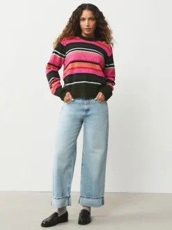 Felroze/kaki met meerkleurige strepen - Gebreide trui met ronde hals van wol*Next Online