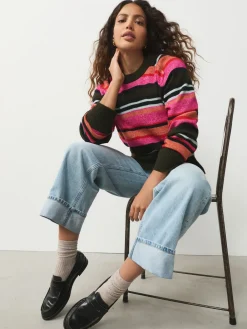 Felroze/kaki met meerkleurige strepen - Gebreide trui met ronde hals van wol*Next Online