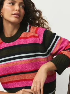 Felroze/kaki met meerkleurige strepen - Gebreide trui met ronde hals van wol*Next Online