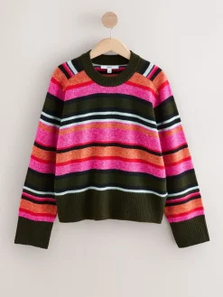 Felroze/kaki met meerkleurige strepen - Gebreide trui met ronde hals van wol*Next Online