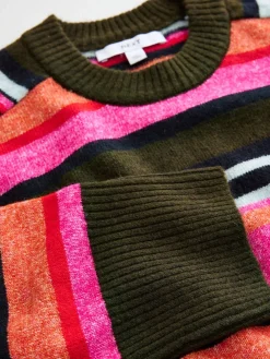 Felroze/kaki met meerkleurige strepen - Gebreide trui met ronde hals van wol*Next Online