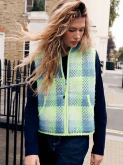 Fluro Green/Blue Check - Zip-Up Knitted Brushed Gilet*Next