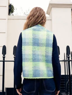 Fluro Green/Blue Check - Zip-Up Knitted Brushed Gilet*Next
