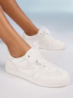 Faux Leather Pearl Lace Up Flat Bridal Trainers*Friends Like These Online