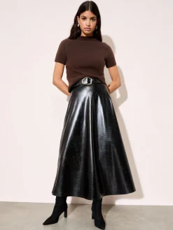 Faux Leather Belted Hem Midi Skirt*Friends Like These Online