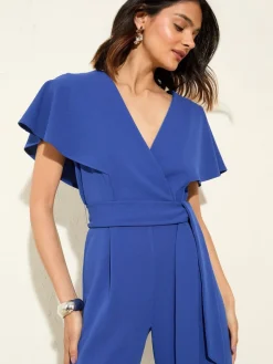 Jumpsuit met korte ruchemouwen en overslag in scuba-stof*Friends Like These