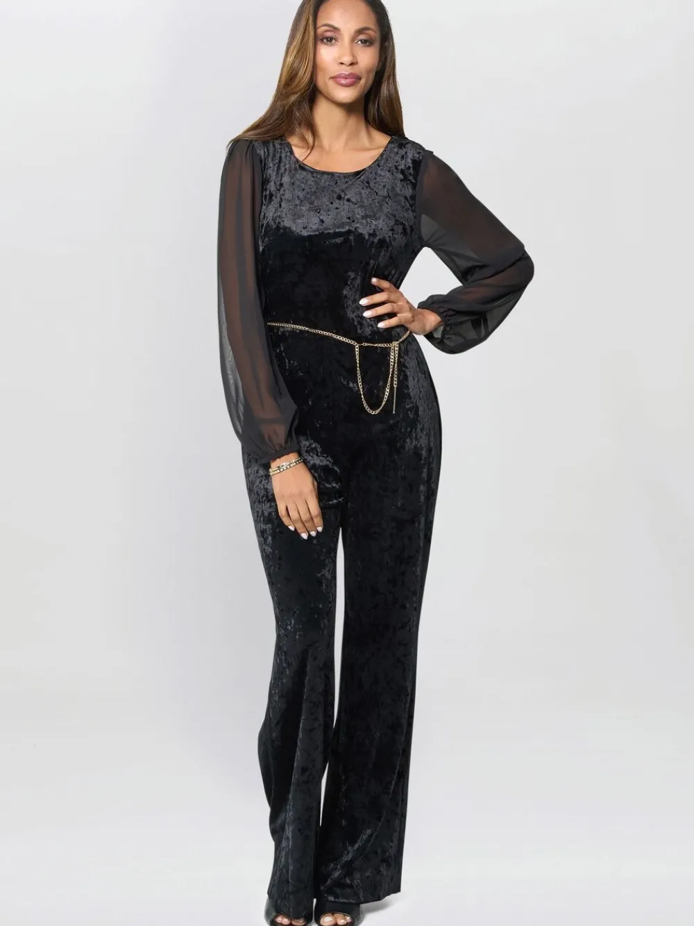 Alaska Velvet Black Jumpsuit With Sheer Sleeves*Gina Bacconi