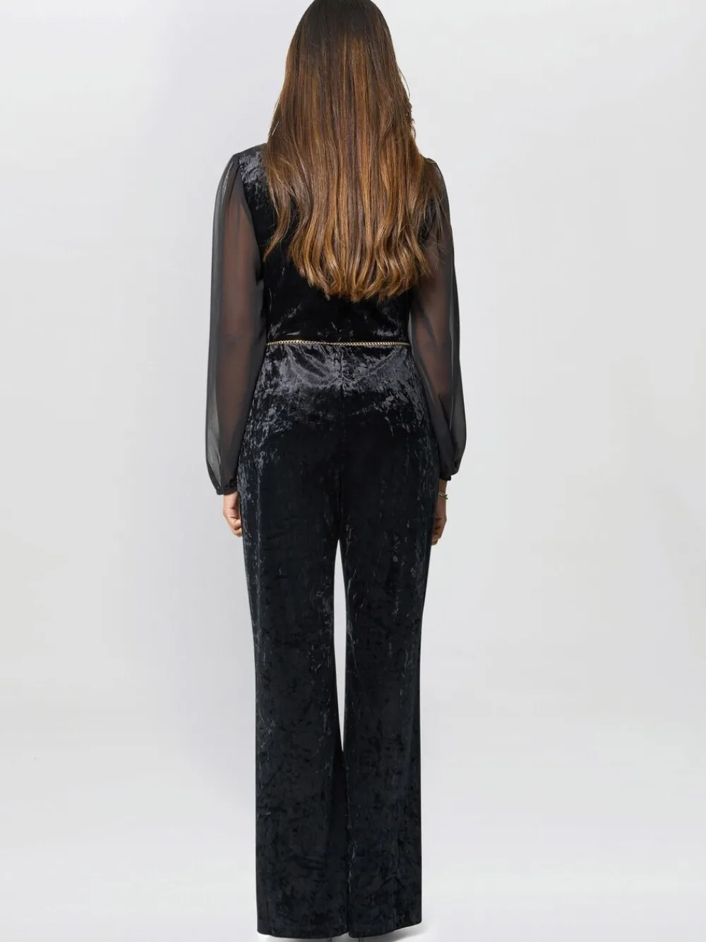 Alaska Velvet Black Jumpsuit With Sheer Sleeves*Gina Bacconi