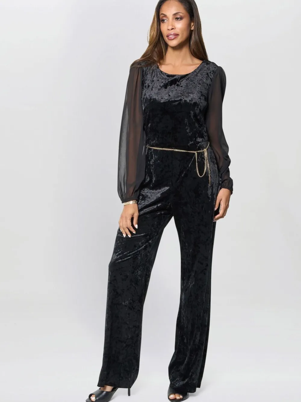 Alaska Velvet Black Jumpsuit With Sheer Sleeves*Gina Bacconi
