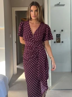 Drew Polka Dot Puff Sleeve Wrap Front Midi Dress*Girl In Mind Discount